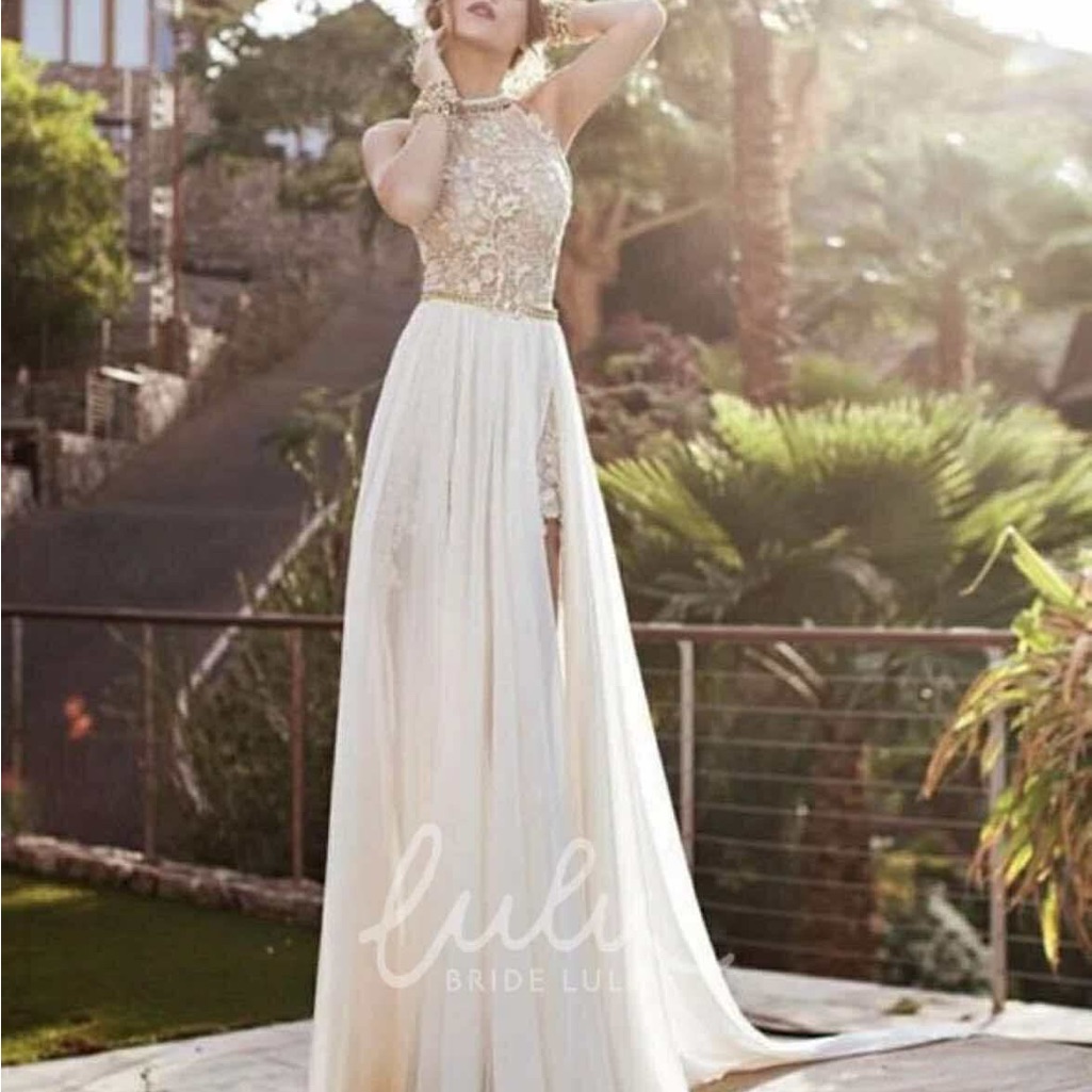 Elegant White Lace Gown With Gold Accents